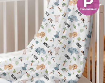 Personalized Blue Safari Plush Fleece Baby Blanket Custom Cozy Plush Animal Throw Baby Boy Throw Blanket Soft Customizable Name Blanket