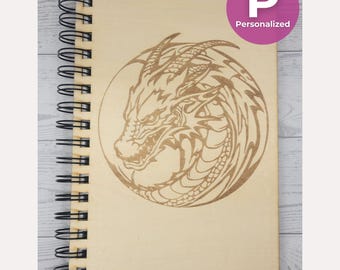 Personalized Engraved Wood Journal Handmade Custom Dragon Notebook For Book Lover Creative Bound Sketchbook Writing Journal Gift For Writers