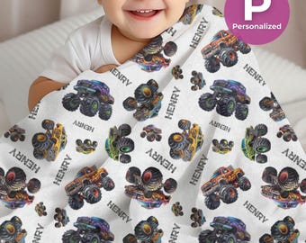 Personalized Monster Truck Plush Fleece Blanket Custom Name Boy Throw Blanket Birthday Name Throw Custom Nursery Truck Decor Throw Blanket