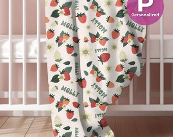 Personalized Retro Strawberry Fleece Blanket Strawberry Lover Custom Throw Blanket Retro Strawberry Print Nursery Blanket Baby Name Throw
