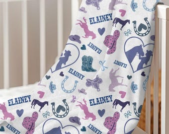 Personalized Cowgirl Plush Fleece Blanket Custom Western Girl Throw Blanket Equestrian Nursery Decor Baby Name Blanket Cuddle Horse Throw