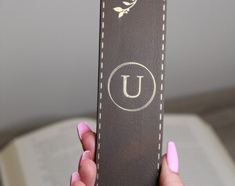 Customizable Engraved Monogram Leatherette Bookmark With Botanical Details