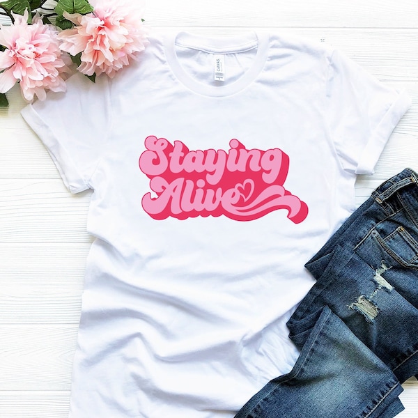 1970's Retro  Staying Alive Disco Shirt, Seventies Dance Party, Disco Queen T-Shirt, Vintage Groovy Top, Women's Cute 70's Top