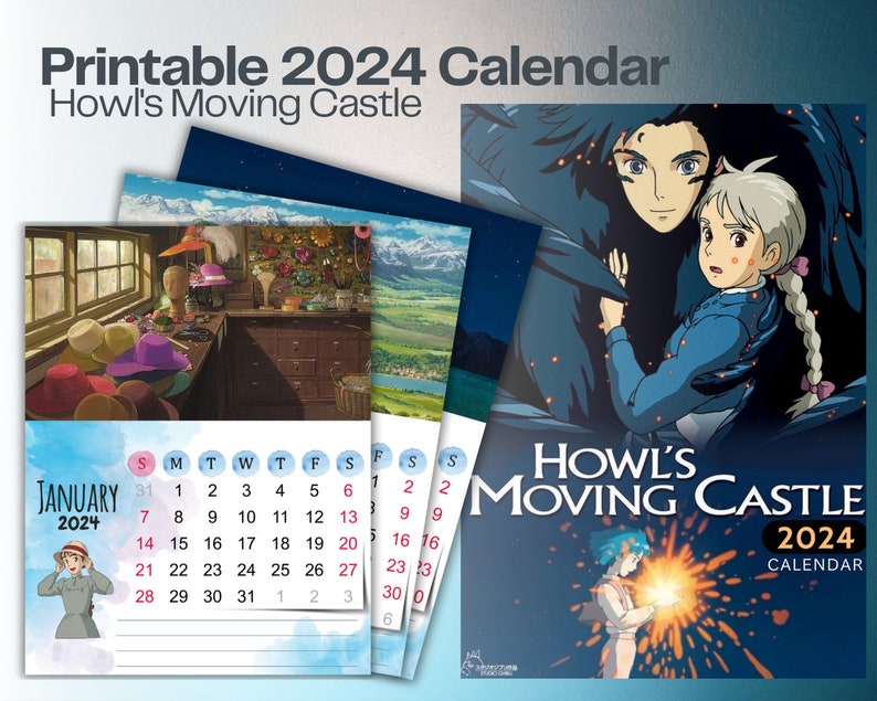 2024 Calendar, Howl's Moving Castle, Studio Ghibli Printable Wall