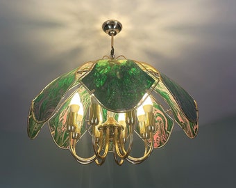 Celing lamp/Chandelier/Pendant Antique, Unique, Made of golden Brass and Glass - Marmorized Green and Pink