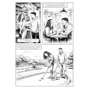 Puede incluir: Cómic en blanco y negro que narra la historia de una pareja. Las escenas muestran un bar, una mesa y un campo de golf. Los textos incluyen "Todo comenzó en un bar" y "La primera cita de Riccardo e Irina."
