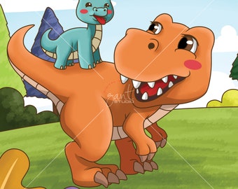 Hand Drawn Custom Children's Illustration for Book, The Dinosaur Rider Custom Book, T-Rex book for kids, Personalized Dinosaur Book