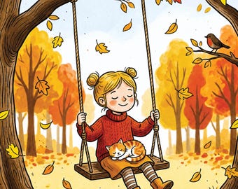 May include: A child with blonde hair in buns wears a red sweater and brown skirt while sitting on a wooden swing. A small orange and white tabby cat rests on the child's lap. The scene is set in an autumn forest with falling yellow leaves.