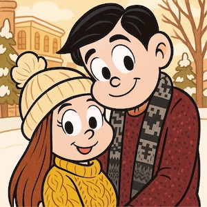 Portrait in retro cartoon style, color personalize portrait, custom portrait in 30's cartoon style for couple or family with pets