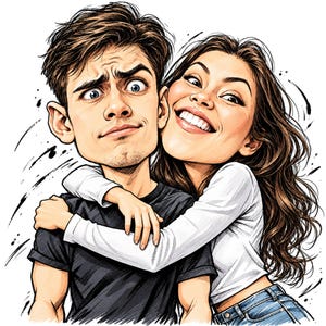 May include: A stylised caricature illustration of two people embracing. One person has short brown hair and wears a black t-shirt. The other person has long wavy brown hair and wears a white long-sleeved top with blue denim jeans.