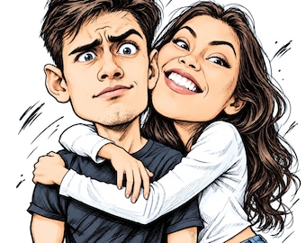 Puede incluir: Una ilustración estilo caricatura de dos personas. Una tiene el cabello castaño corto, ojos azules y viste una camiseta oscura. La otra tiene el cabello castaño largo y ondulado, y viste una blusa blanca de manga larga con pantalones vaqueros.