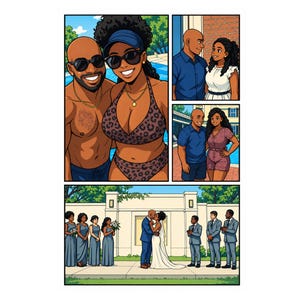 Könnte beinhalten: Eine Illustration im Comic-Stil, die ein Paar in verschiedenen Szenen zeigt: am Pool in Badekleidung und Sonnenbrille, in Freizeitkleidung und schließlich bei einer Hochzeitszeremonie, bei der sich das Paar küsst, umgeben von Gästen.