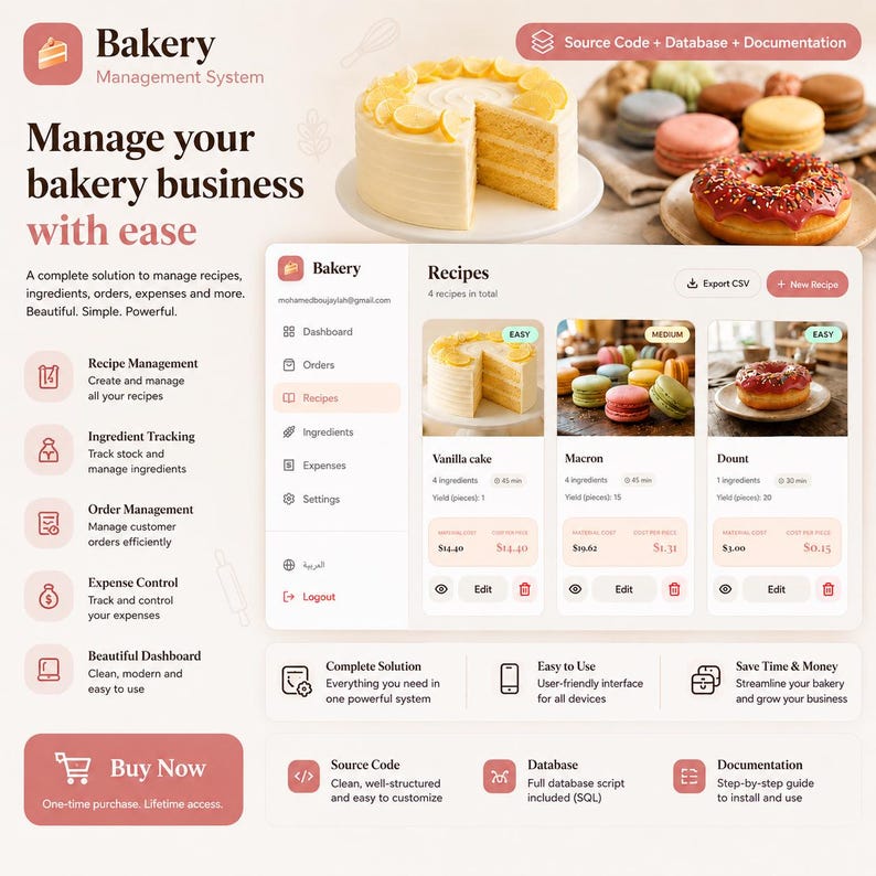 Op de afbeelding: Een digitale interface voor een bakkerijbeheersysteem met een dashboard voor receptbeheer, voorraadbeheer en orderbeheer. De lay-out bevat afbeeldingen van een citroencake, macarons en een donut met hagelslag.