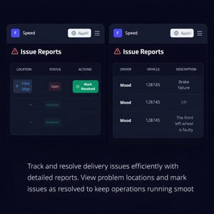 K&ouml;nnte beinhalten: Eine digitale Dashboard-Oberfl&auml;che im dunklen Design mit zwei Tabellen namens Issue Reports. Die linke Tabelle zeigt Standort, Status und Aktionsschaltfl&auml;chen wie View Map und Mark Resolved. Die rechte Tabelle listet Fahrer, Fahrzeug 128745 und Beschreibungen wie Bremsversagen und defektes linkes Vorderrad auf.