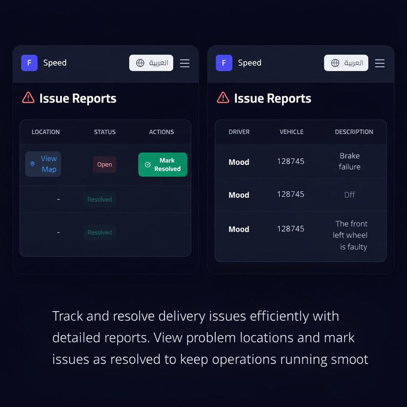 K&ouml;nnte beinhalten: Eine digitale Dashboard-Oberfl&auml;che im dunklen Design mit zwei Tabellen namens Issue Reports. Die linke Tabelle zeigt Standort, Status und Aktionsschaltfl&auml;chen wie View Map und Mark Resolved. Die rechte Tabelle listet Fahrer, Fahrzeug 128745 und Beschreibungen wie Bremsversagen und defektes linkes Vorderrad auf.