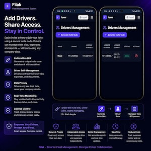 K&ouml;nnte beinhalten: Eine dunkel gestaltete digitale Benutzeroberfl&auml;che f&uuml;r das Filak-Flottenmanagementsystem, die zwei Smartphones mit einem Fahrer-Management-Dashboard zeigt, inklusive Einladungscodes, Fahrerlisten und Beschreibungen zur Echtzeit&uuml;berwachung.
