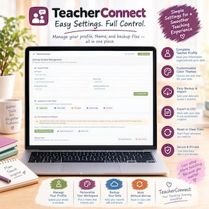 Könnte beinhalten: Ein Laptop zeigt die Benutzeroberfläche für Einstellungen und Datenverwaltung von TeacherConnect. Der Bildschirm enthält Felder für Lehrerprofile, Farbthemen und Datensicherungsoptionen. Begleitender Text hebt Funktionen wie Profilverwaltung und Datensicherheit hervor.
