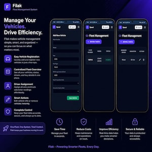 May include: A digital interface for the Filak fleet management system displayed on three smartphones. The screens show vehicle registration forms, fleet management lists, and status updates with dark blue backgrounds and white text.