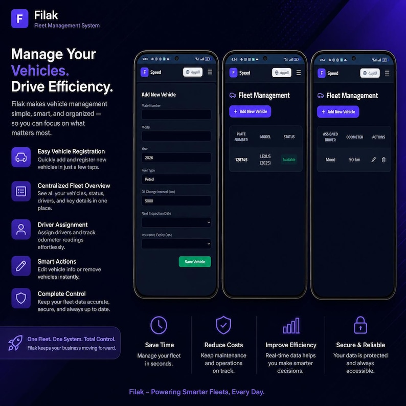 K&ouml;nnte beinhalten: Eine digitale Benutzeroberfl&auml;che f&uuml;r das Filak-Flottenmanagementsystem auf drei Smartphones. Die Bildschirme zeigen Fahrzeugregistrierungsformulare, Flottenverwaltungslisten und Status-Updates mit dunkelblauem Hintergrund und wei&szlig;em Text.