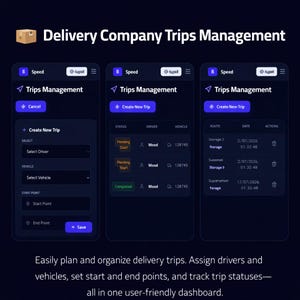 K&ouml;nnte beinhalten: Eine Software-Benutzeroberfl&auml;che im Dark-Mode mit dem Titel Delivery Company Trips Management, die drei mobile Bildschirme zur Routenplanung zeigt. Sie enth&auml;lt Felder zur Auswahl von Fahrern, Fahrzeugen, Start- und Zielpunkten sowie eine Statustabelle f&uuml;r Fahrten.