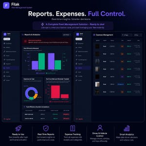 K&ouml;nnte beinhalten: Eine Software-Oberfl&auml;che im dunklen Design f&uuml;r das Filak-Flottenmanagement, die Berichte und Analysen mit Balkendiagrammen, einem Ringdiagramm und einer Ausgabenverwaltungstabelle zeigt. Das Dashboard enth&auml;lt Text&uuml;berschriften wie Reports, Expenses, Full Control und Real-time insights.