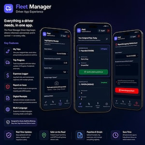 K&ouml;nnte beinhalten: Drei Smartphones zeigen die Benutzeroberfl&auml;che der Fleet Manager Driver App auf dunkelblauem Hintergrund. Die Bildschirme zeigen Funktionen wie Log Expense Receipt, Your Assigned Trips Today und Report Emergency Vehicle Issue mit Text.