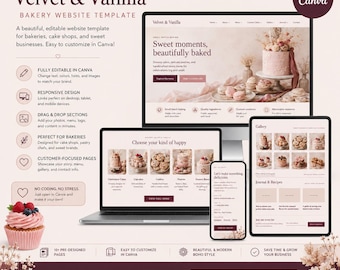 Modèle de site web Canva modifiable pour boulangerie | Boutique de gâteaux style bohème (Téléchargement numérique)