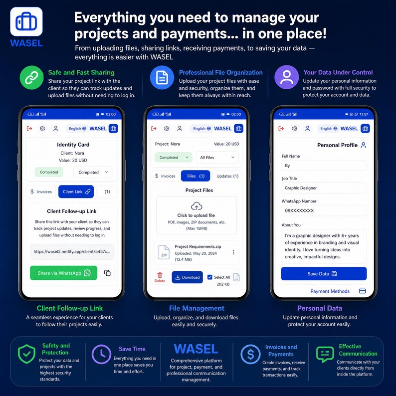 May include: A digital interface display for the WASEL project management platform, featuring three smartphone screens showing client follow-up links, file management, and personal profile settings, with text detailing features for project and payment tracking.