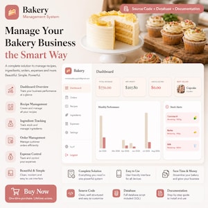 Op de afbeelding: Een digitale interface voor een bakkerijbeheersysteem met een dashboard voor omzet, winst en voorraadmeldingen. De lay-out bevat een zijbalk voor bestellingen, recepten en ingredi&euml;nten, naast tekst over broncode, database en documentatie.