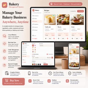 Puede incluir: Un sistema de gestión de panadería digital mostrado en un monitor de escritorio, portátil y teléfono inteligente. La interfaz muestra la gestión de recetas, seguimiento de ingredientes y paneles de pedidos con texto que incluye Bakery Management System.