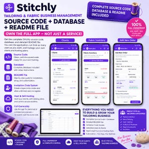 May include: A digital marketing graphic for Stitchly tailoring business management software. It displays three smartphone screens showing client, inventory, and order interfaces, alongside a laptop screen, sewing thread, and a pincushion.