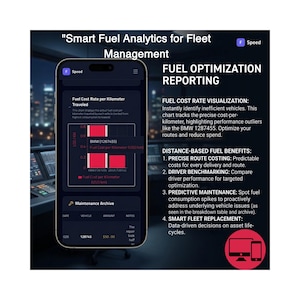 K&ouml;nnte beinhalten: Ein Smartphone mit der App Smart Fuel Analytics for Fleet Management. Der Bildschirm zeigt ein Balkendiagramm f&uuml;r Kraftstoffkosten pro Kilometer und eine Wartungsarchivtabelle. Der Text beschreibt Kraftstoffoptimierung und Routenkosten.