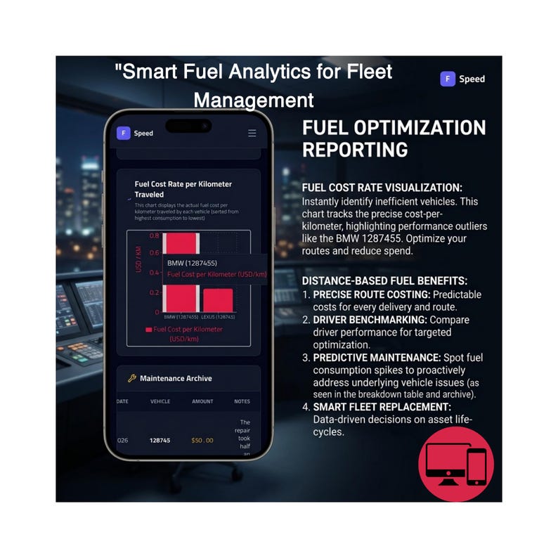 K&ouml;nnte beinhalten: Ein Smartphone mit der App Smart Fuel Analytics for Fleet Management. Der Bildschirm zeigt ein Balkendiagramm f&uuml;r Kraftstoffkosten pro Kilometer und eine Wartungsarchivtabelle. Der Text beschreibt Kraftstoffoptimierung und Routenkosten.