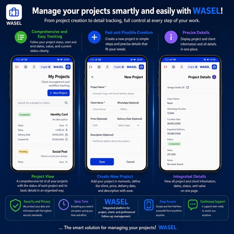 May include: Three smartphone screens displaying the WASEL project management application interface. The screens show a project list, a new project creation form, and detailed project information with text labels in English on a dark blue background.