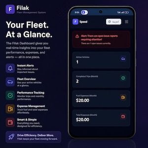 K&ouml;nnte beinhalten: Ein Smartphone mit dem Filak Flottenmanagement-Dashboard auf einer dunklen Benutzeroberfl&auml;che. Der Bildschirm zeigt eine Warnung f&uuml;r offene Berichte, aktive Fahrzeuge, abgeschlossene Fahrten, Kraftstoffkosten von 20,00 $ und Gesamtausgaben von 20,00 $ an.