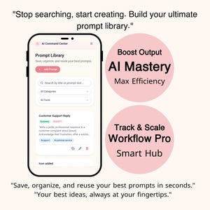 May include: A smartphone displaying the AI Command Center app interface with a prompt library, search bar, and customer support reply card. Text includes: Stop searching, start creating. Build your ultimate prompt library. Boost Output AI Mastery Max Efficiency. Track & Scale Workflow Pro Smart Hub. Save, organize, and reuse your best prompts in seconds. Your best ideas, always at your fingertips.