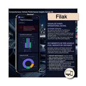 K&ouml;nnte beinhalten: Ein Smartphone zeigt die Filak Fahrzeugleistungs-Analyse-App mit dunkler Benutzeroberfl&auml;che. Der Bildschirm zeigt ein Balkendiagramm zur Kraftstoffeffizienz und ein Ringdiagramm f&uuml;r Ausgaben sowie Textdetails zur Flottenverwaltung und Betriebsdaten.