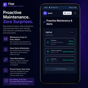 K&ouml;nnte beinhalten: Ein Smartphone mit der Benutzeroberfl&auml;che der Filak Flottenmanagement-App im Dark Mode. Der Bildschirm zeigt proaktive Wartung und Warnmeldungen f&uuml;r einen Lexus 2025, einschlie&szlig;lich &Ouml;lstatus mit 4950 km Restlaufzeit sowie Inspektionsdaten.
