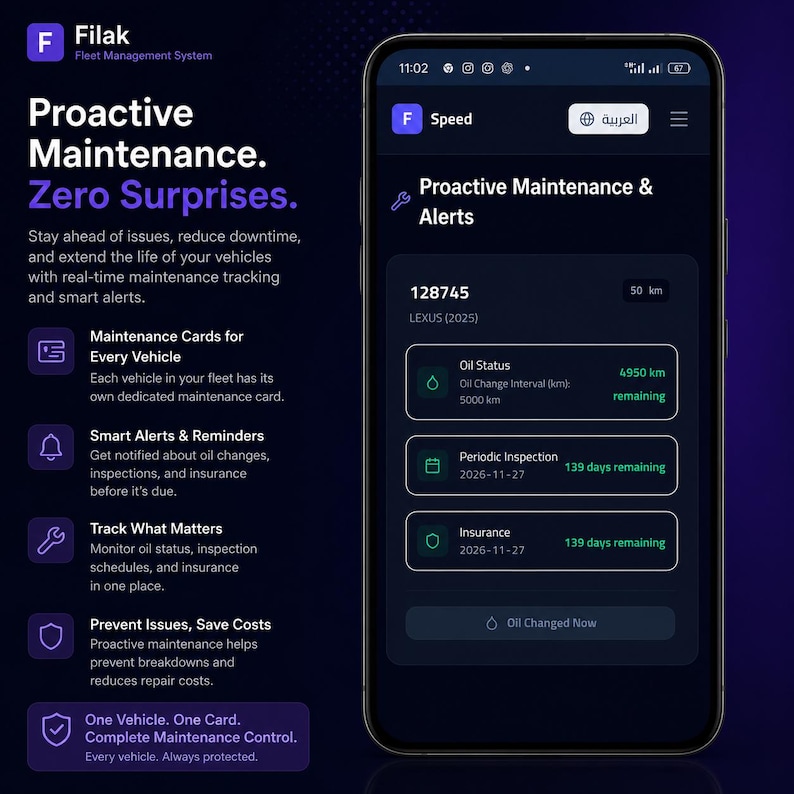K&ouml;nnte beinhalten: Ein Smartphone mit der Benutzeroberfl&auml;che der Filak Flottenmanagement-App im Dark Mode. Der Bildschirm zeigt proaktive Wartung und Warnmeldungen f&uuml;r einen Lexus 2025, einschlie&szlig;lich &Ouml;lstatus mit 4950 km Restlaufzeit sowie Inspektionsdaten.