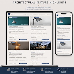 May include: A digital display showing the Vespera website on a laptop and a smartphone. The interface features architectural lighting products including the Alabaster Monolith No. VII, Solstice Cantilever Chandelier, Aura Eclipse Sconce IV, and Kyoto Acoustic Linear Beam with technical specifications and design details.