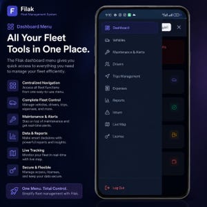 K&ouml;nnte beinhalten: Ein Smartphone mit der Benutzeroberfl&auml;che des Filak-Flottenmanagementsystems in einem dunkelblauen Design. Der Bildschirm zeigt ein Dashboard-Men&uuml; mit Optionen f&uuml;r Fahrzeuge, Wartung, Fahrer, Fahrten, Ausgaben, Berichte und Live-Karten.