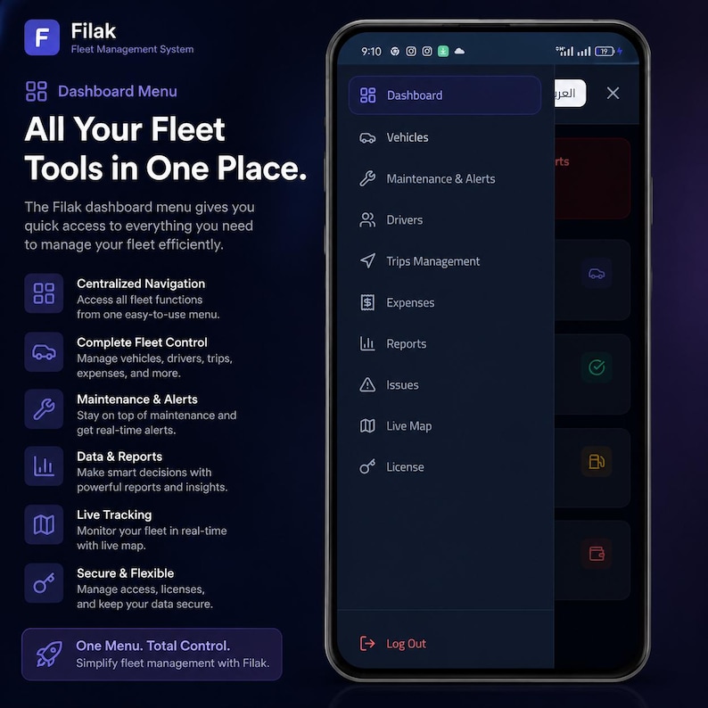 K&ouml;nnte beinhalten: Ein Smartphone mit der Benutzeroberfl&auml;che des Filak-Flottenmanagementsystems in einem dunkelblauen Design. Der Bildschirm zeigt ein Dashboard-Men&uuml; mit Optionen f&uuml;r Fahrzeuge, Wartung, Fahrer, Fahrten, Ausgaben, Berichte und Live-Karten.