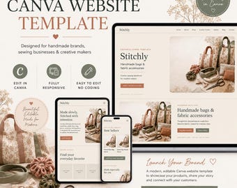 May include: A Canva website template for handmade businesses featuring a laptop, tablet, and smartphone displaying a Stitchly brand storefront. The design includes text, icons, and product images of fabric bags and accessories on a neutral background.