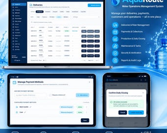 May include: A digital interface for AquaRoute Water Operations Management System displayed on a laptop, tablet, and smartphone. The screens show dashboards for deliveries, payment methods, and daily closing operations with blue and white graphics.