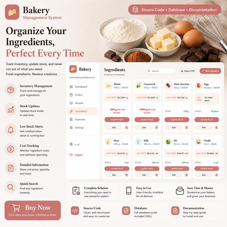Op de afbeelding: Een digitale interface voor een bakkerijbeheersysteem op een scherm, met voorraadbeheer voor ingredi&euml;nten zoals boter, bloem en eieren. De lay-out bevat een dashboard, orderbeheer en tools voor het bijhouden van kosten met een koopknop.