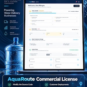 May include: A laptop screen displaying the AquaRoute Aquarium dashboard with operational metrics, setup checklists, and active alerts. Beside the laptop is a large blue water jug. The bottom section displays AquaRoute Commercial License details.
