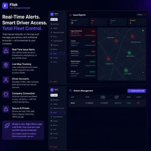 K&ouml;nnte beinhalten: Eine Software-Benutzeroberfl&auml;che im dunklen Design f&uuml;r das Filak Flottenmanagementsystem, die Echtzeit-Problemberichte, eine Karte mit Standortmarkierungen und ein Fahrermanagement-Dashboard mit Spalten f&uuml;r Name, Telefon, Lizenznummer und Status zeigt.