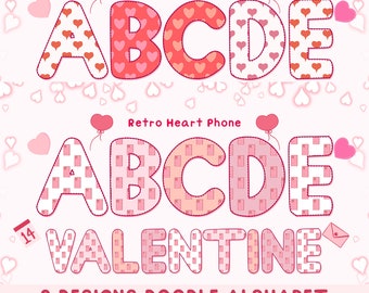 Retro Heart 5 Heart Phone Valentine Doodle Alphabet Clipart Set PNG, Valentine's Day, Doodle Sublimation, Retro Valentine