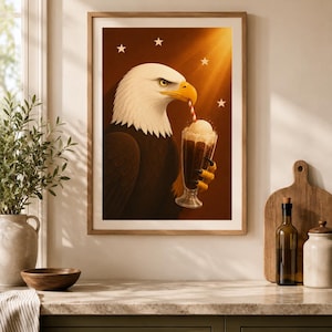 Patriotic Eagle Root Beer Float Print, Funny Animal Wall Art, Retro Diner Decor, July 4th Digital Download, USA 250 Americana