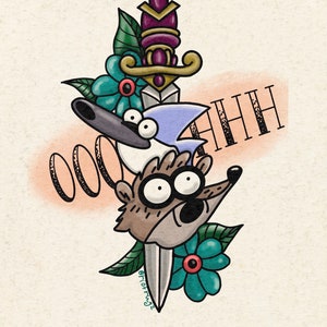 May include: A cartoon tattoo design featuring the characters Rigby and Mordecai from the animated series Regular Show. The characters are depicted in a traditional tattoo style with a dagger, flowers, and the word "AHHH" in a stylized font.